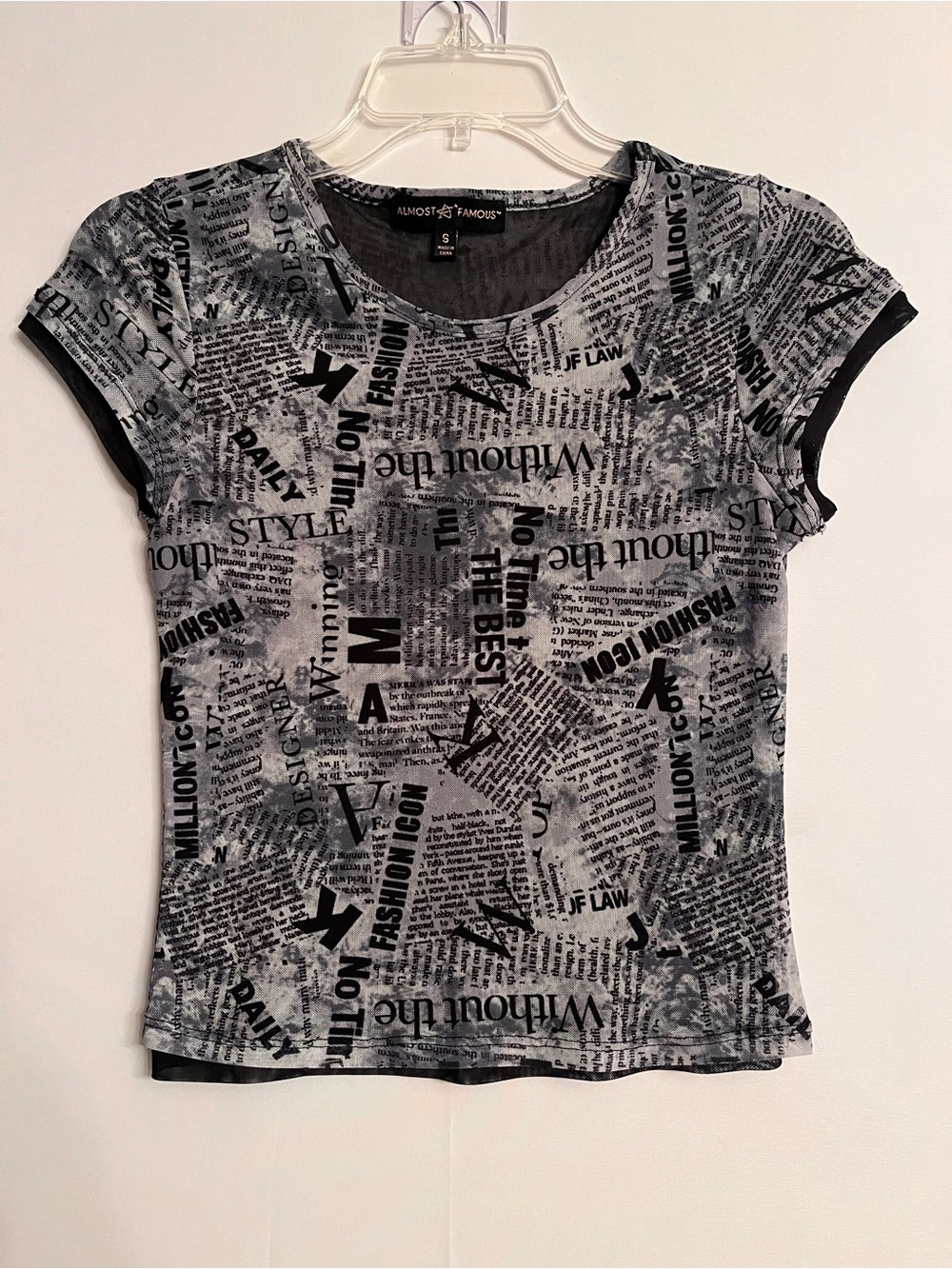 VTG Y2K Almost Famous Newspaper Print Mesh Top S